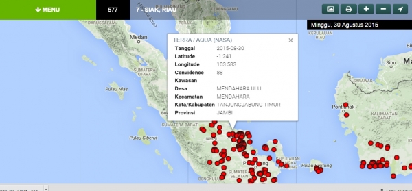 Gambar 3. Screenshot informasi yang dikandung dalam setiap titik panas yang disajikan pada situs SiPongi (sumber http://sipongi.menlhk.go.id/home/main)