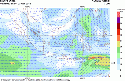 Prediksi arah dan kecepatan angin 23 Oktober 2015, 13:00 WIB pada Level 850mb/5000 kaki (Sumber : BOM Australia)