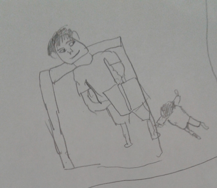 Ayahku sedang mendengarkan ceritaku dan menuliskannya di buku (Ilustrasi : Xien Lintang Tuahnaru)