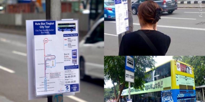 Adriansyah Yasin Sulaeman Relawan Forum Diskusi Transportasi Jakarta (FDTJ) tengah menempel peta Bus Tingkat Jakarta di halte-halte bus seluruh Jakarta. (Adriansyah Yatim Sulaeman, dalam properti.kompas.com)