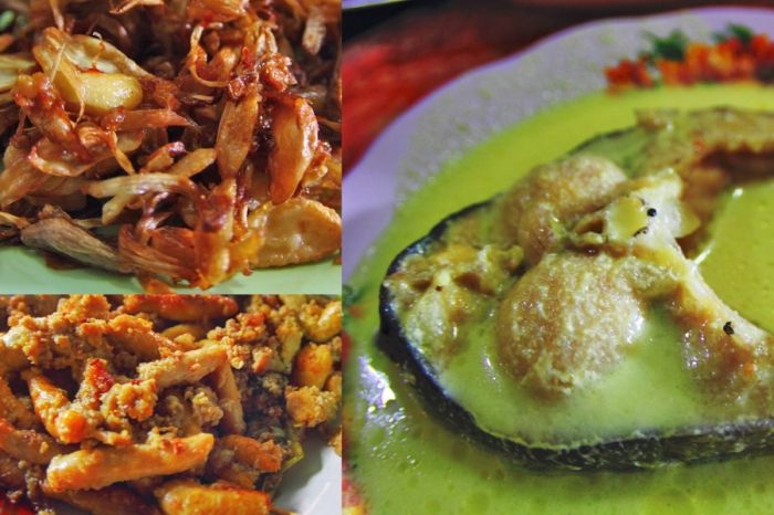 Makanan khas tanjung Paliat ikan patin (kanan), nangka goreng (kiri atas), dan telur ikan gabus (kiri bawah) (dok.pri).