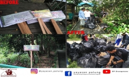 Foto 1 _Before -After, Membersihkan sampah plastik dan pemasangan plang larangan membuang sampah sembangan. Foto : Yayasan Palung