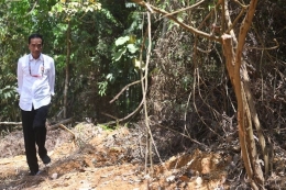 Presiden Joko Widodo berjalan di kawasan hutan saat meninjau salah satu lokasi calon ibu kota negara di Gunung Mas, Kalimantan Tengah, Rabu (8/5/2019). (ANTARA FOTO/Akbar Nugroho Gumay/foc)