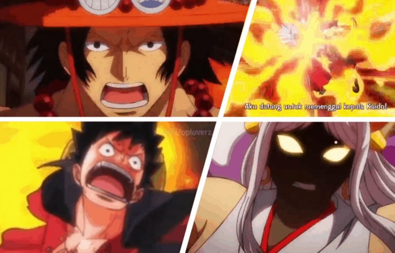 Yamato yang teringat dengan Ace saat melawan Luffy. (Sumber: Funimation, One Piece Episode 991, edit by Ilham Maulana)