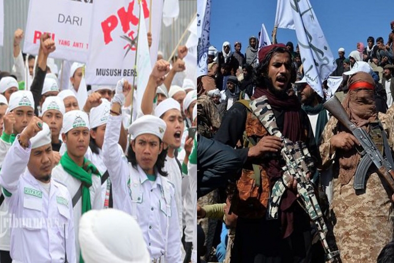 Demo anti P.K.I. (kiri) dan Gerilyawan Taliban (kanan). Kredit foto: tribunnews.com (kiri) dan bisnis.com (kanan)