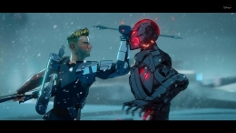 Hawkeye menggunakan tangan robot. Sumber : Disney+