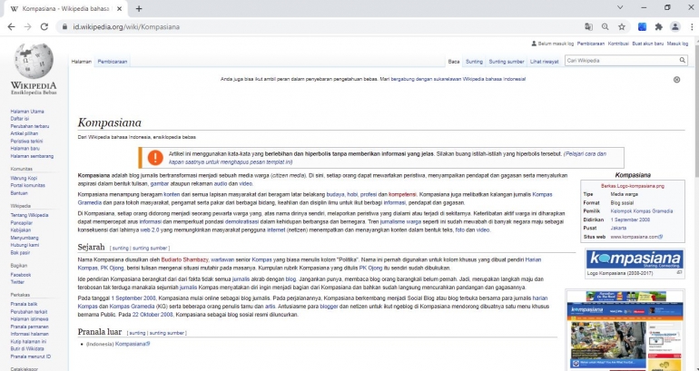 Halaman Wikipedia Kompasiana (tangkapan layar pribadi)