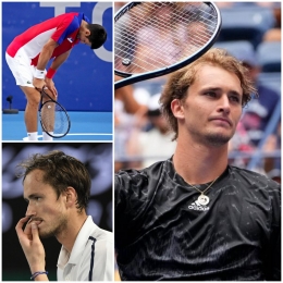 Kiri atas Novak Djokovic(antaranews.com), bawah Daniil Medvedev(republika.co.id), kanan Alexader Zverev(tennisworldusa.org)