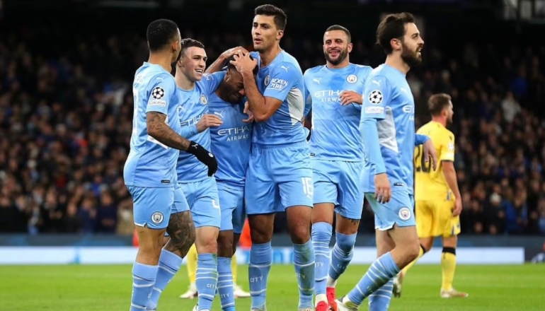 Selebrasi para pemain Manchester City usai membobol gawang Club Brugge di matchday 4 Liga Champions: Dailymail.co.uk