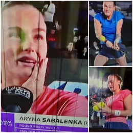 Aryna Sabalenka dalam pertandingan melawan Iga Swiatek, sempat bertukar baju biru dg merah (Dok. Pribadi)