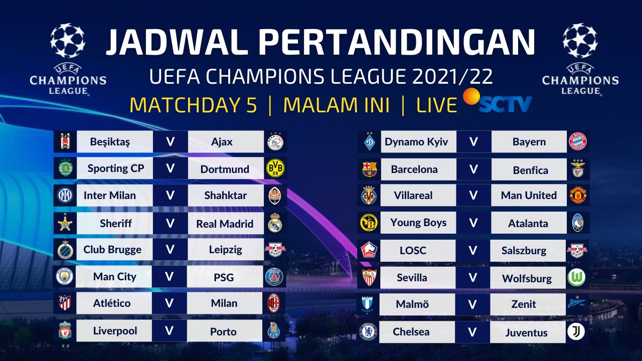 Jadwal Siaran Langsung Liga Champions 2021 Malam Ini Live SCTV - Matchday 5  - Kompasiana.com