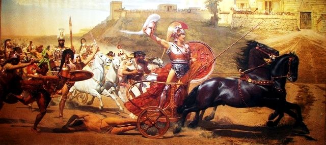 Achilles yang penuh kemenangan menyeret tubuh Hector di sekitar Troy, dari lukisan panorama Achilleion. Sumber: Wikimedia Commons/kumparan.com