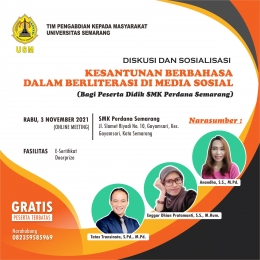 Poster Kegiatan Pengabdian Kepada Masyarakat di SMK Perdana Semarang Mengenai Literasi Media Sosial.