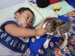 Si anak mengajak si kucing tiduran, bentuk kesayangan anak pada hewan (dokpri milik teman)