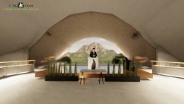 Tangkapan layar visualisasi desain Gereja Gunung-Siosar membingkai Sinabung sebagai latar belakang (Sumber: Dokumentasi Boy Sembiring Brahmana)
