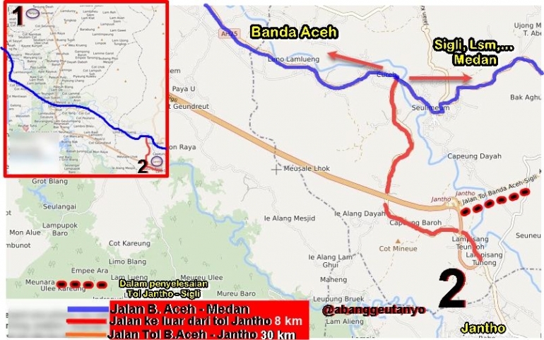 Perbandingan jalur antara Jalan Nasional dengan jalan tol Sibanceh dan jalan keluar dari Jantho ke jalan Nasional. Dokpri Penulis