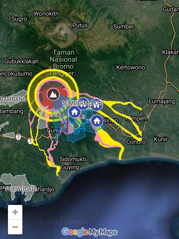 Area penyebaran dan pemetaan titik evakuasi erupsi Semeru 2021 (dokpri tangyar site BPBD Lumajang) 