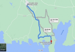 Peta lokasi TWA Gunung Tunak dengan rute dari Bandara Internasional Lombok melalui Jalan Bypass. (Sumber: Screenshot Google Maps)