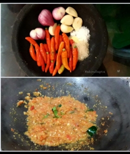 Tumbuk kasar sambal cabai rawit pedasnya, kemudian tumis hingga berbau harum. | Foto: Wahyu Sapta.