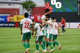 Pemain Timnas Indonesia saat merayakan gol Witan Sulaeman ke gawang Laos. Foto: dok pssi dipublikasikan kompas.com