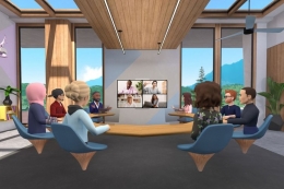 Ilustrasi Facebook Horizon Workrooms yang menyediakan ruang pertemuan virtual yang dapat digunakan sebagai sarana tatap muka secara online. Aplikasi ini dioperasikan melalui headset VR Oculus Quest 2 buatan Facebook.| Sumber: Facebook via Kompas.com