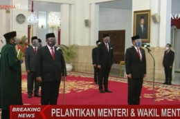 Pelantikan enam menteri baru hasil reshuffle di Istana Negara, Rabu (23/12/2020). (Tangkapan layar Youtube KompasTV)