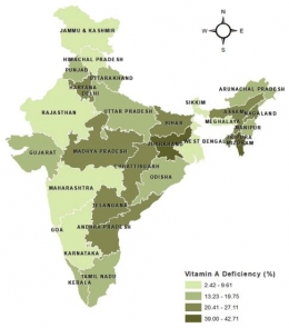 Gambar 2. Peta penyebaran kasus kekurangan vitamin A pada anak di bawah 5 tahun di India tahun 2016-2018 (Sumber Gambar: Kundu, 2021).