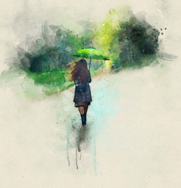 Ilustrasi lukisan perempuan berjalan di bawah hujan (Gambar: limitrofe Via Pixabay)