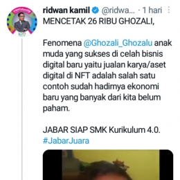Ss. Apresiasi dari Ridwan Kamil untuk Ghozali/twitter.com/ridwankamil