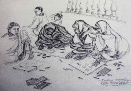 Anak-anak korban konflik di Garrisa, Kenya belajar menggambar.  Sketsa karya Farid Shan, ink on paper 30cm x43cm, 2013. (istimewa) 