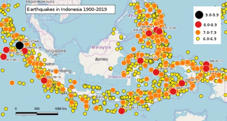 Wikipedia : Map of earthquakes in Indonesia 1900--2019, Based on the records of the USGS 