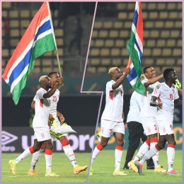 Pemain Gambia merayakan keberhasilan lolos ke perempat final Piala Afrika/ foto: Afcononline.com
