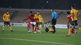 Marselino Ferdinan saat bertemu Australia di Kualifikasi Piala Asia U-23 2022, di Republican Center Stadium, Dushanbe, Tajikistan, bulan Oktober 2021.