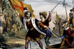 Lukisan yang menggambarkan kedatangan Christopher Columbus di Karibia, dibuat pada 1753. Sumber: Getty Images/BBC via Kompas.com