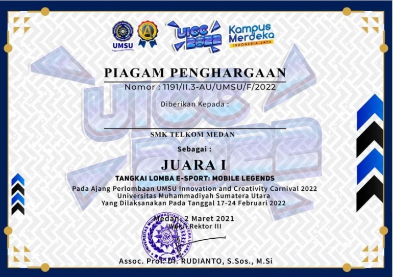 Sertifikat Kejuaraan Game Mobile Legends (Dokpri)