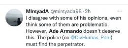 Dukungan untuk Ade Armando di Twitter. Foto: Twitter/@mirsyada98
