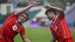 Egy dan Asnawi merayakan gol ke gawang Myanmar dalam laga terakhir fase grupA (Foto Antara/Zabur_Karuru). 