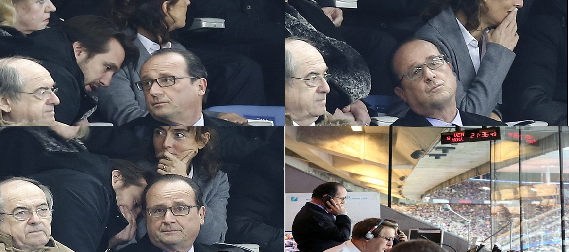 Reaksi Presiden Perancis, Francois Hollande saat mendapat indormasi dari pengawal adanya serangan bom di sekitar stadion. Sumber : dailymail