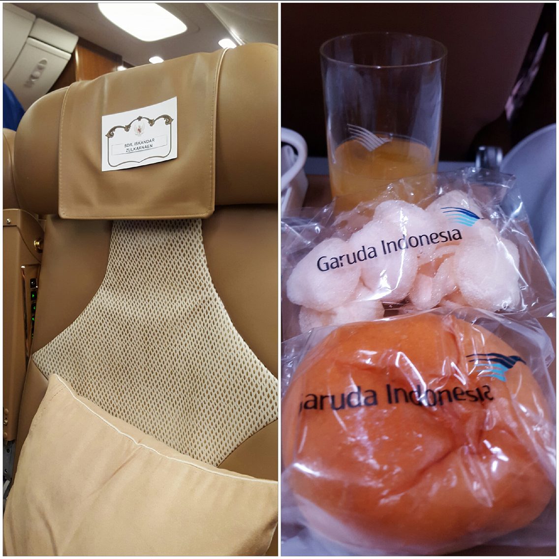 Semua tempat duduk di pesawat presiden sudah ada namanya. Bungkus makanan juga ada namanya, maksud saya, ada logo Garuda Indonesianya.. (@iskandarjet)