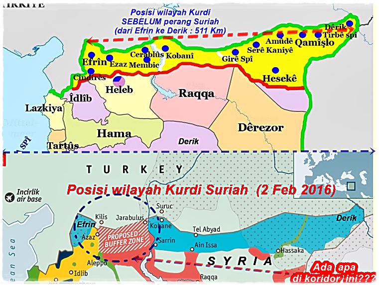 Kondisi wlayah Kurdi Suriah sebelum perang dan saat ini serta gambaran Buffer Zone rancangan Turki di perbatasan Suriah-Turki. Dok abanggeutanyo