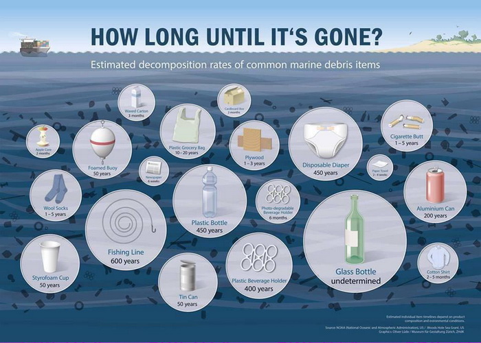 Estimasi kecepatan dekomposisi dari sampah di laut ǀ Ilustrasi : WWF-Indonesia (@WWF_ID)