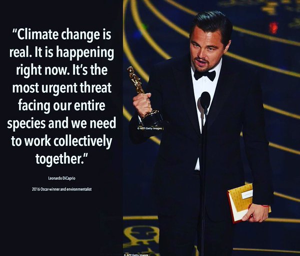 Pidato 'Climate Change' Leo (Image: AP/Chris Pizzello melalui teknologi.metrotvnews.com, dengan editan. Terdapat pula di Twitter.com)