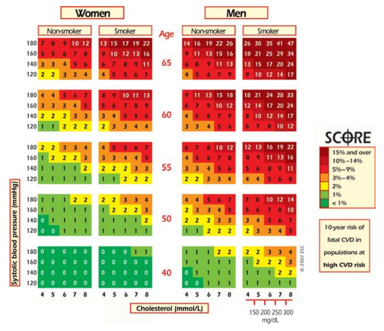 Skor Tabel Risiko 10 tahun kemudian terjadinya serangan jantung pada populasi dengan risiko tinggi | Gambar diambil dari ESC Guideline berjudul 