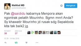Cuitan Mahfud MD tentang Mourinho dan PSSi (sumber: Tweetter)