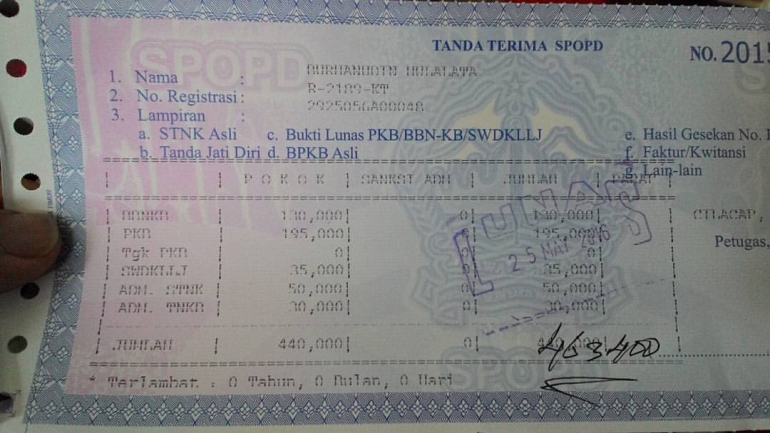 Lembar SPOPD yang berisi rincian biaya yang harus dibayar di loket kasir SAMSAT Cilacap. Foto: Dokpri.
