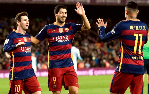 Trio Messi-Suarez-Neymar pada pertandingan melawan Celta Vigo (14/2). Dalam pertandingan ini Barcelona menang 6-1. | Sumber: http://barcashqip.com/