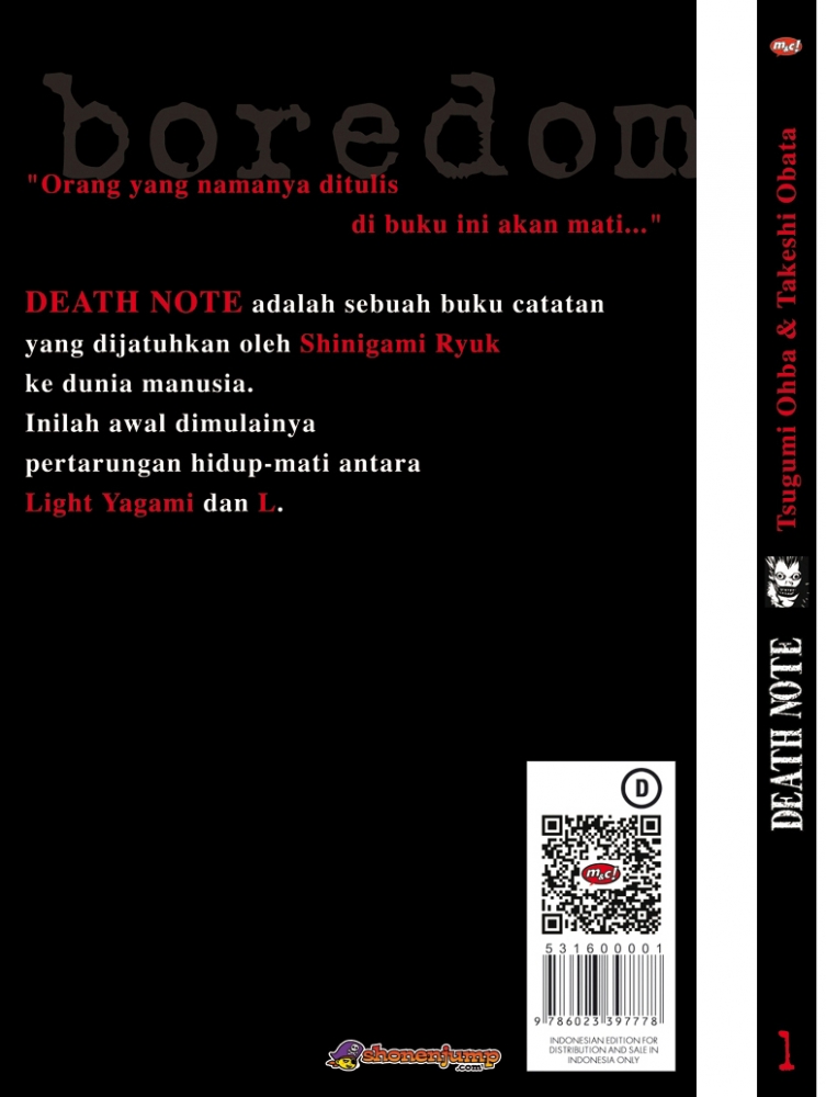 Desain sampul belakang dan tengah komik DEATH NOTE volume 1