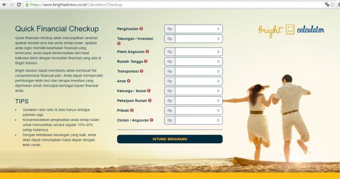 Beginilah tampilan Quick Financial Checkup dari Bright Advisor. Ikuti langkah-langkah yang dicantumkan
