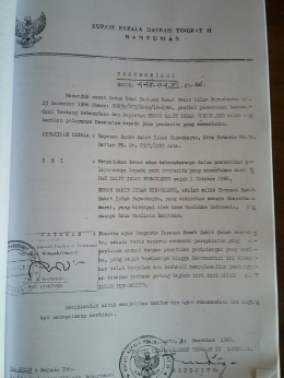 Surat Rekomendasi Bupati Banyumas tahun 1986 yang menyatakan bahwa RSI bukan milik Muhammadiyah, namun milik Yarsi , hasil swasembada murni mayarakat Banyumas.