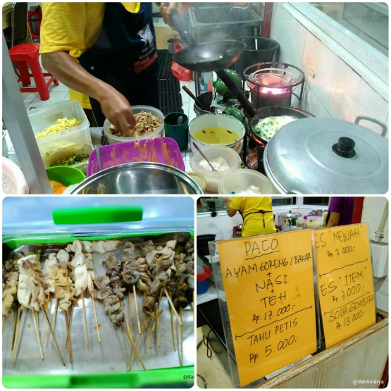 Pak Broto meracik pesanan (atas). Sate ayam (bawah kiri). Menu lain yang ditawarkan (bawah kanan)